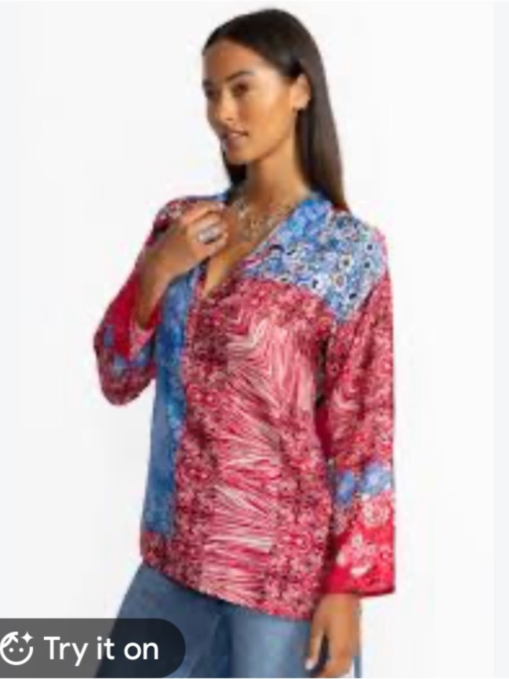 100% Silk Johnny Was Slim Audrey Tunic Ladies Size Small Red Blue Patchwork